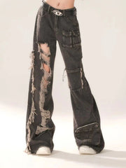 Lunivop  Fashion Ripped Women Jeans Y2K American Style Tassel Hole High Waist Loose Wide Leg Female Denim Pants New