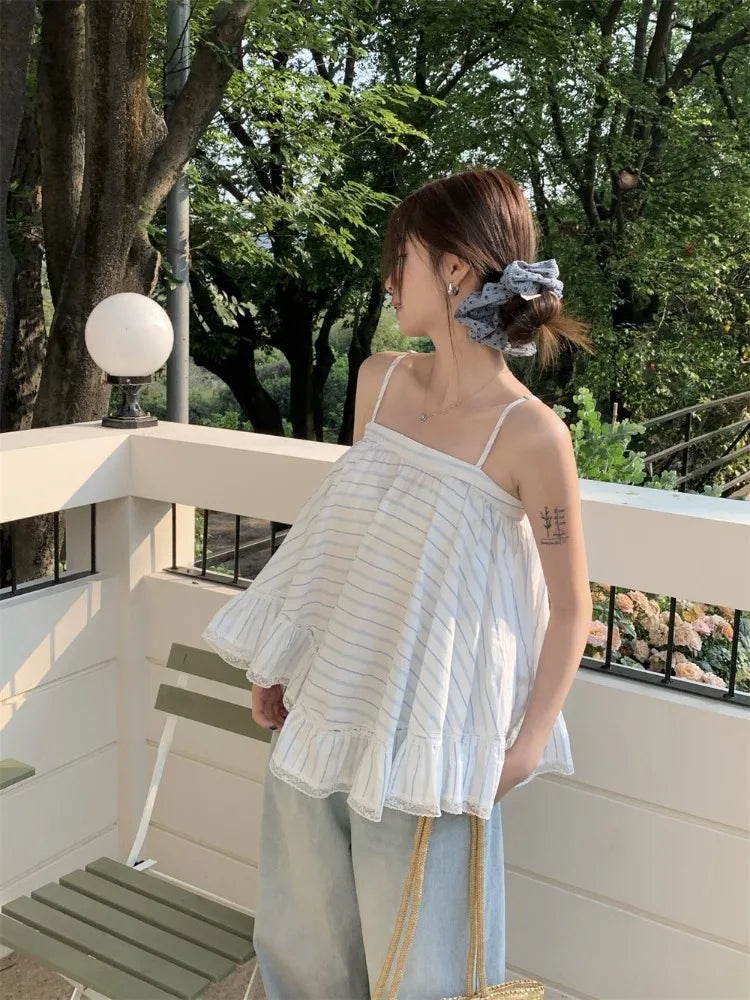 Lunivop  Striped Camis Women Lace Patchwork Summer Fashion Loose Slash Neck Chic Sweet Tank Tops Female Casual Backless