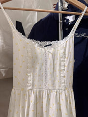 Lunivop  Little Yellow Ducks Lace-up Dress Women Summer Bow Lace Trim Sleeveless Slim A-line Vestidos Cute Sweet Cotton Camis Dresses New
