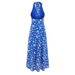 Lunivop  Sexy Blue with White Floral Print Tie Bow Halter Sling Dress Summer Woman Backless Slim Waist Midi Long Dresses Robe Holiday