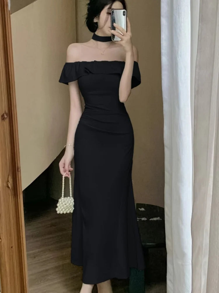 Lunivop Sexy Solid Off Shoulder Mermaid Dresses Summer Slim Waist Vestidos Mujer Elegant Ruffles Slash Neck Bodycon Evening Party Dress