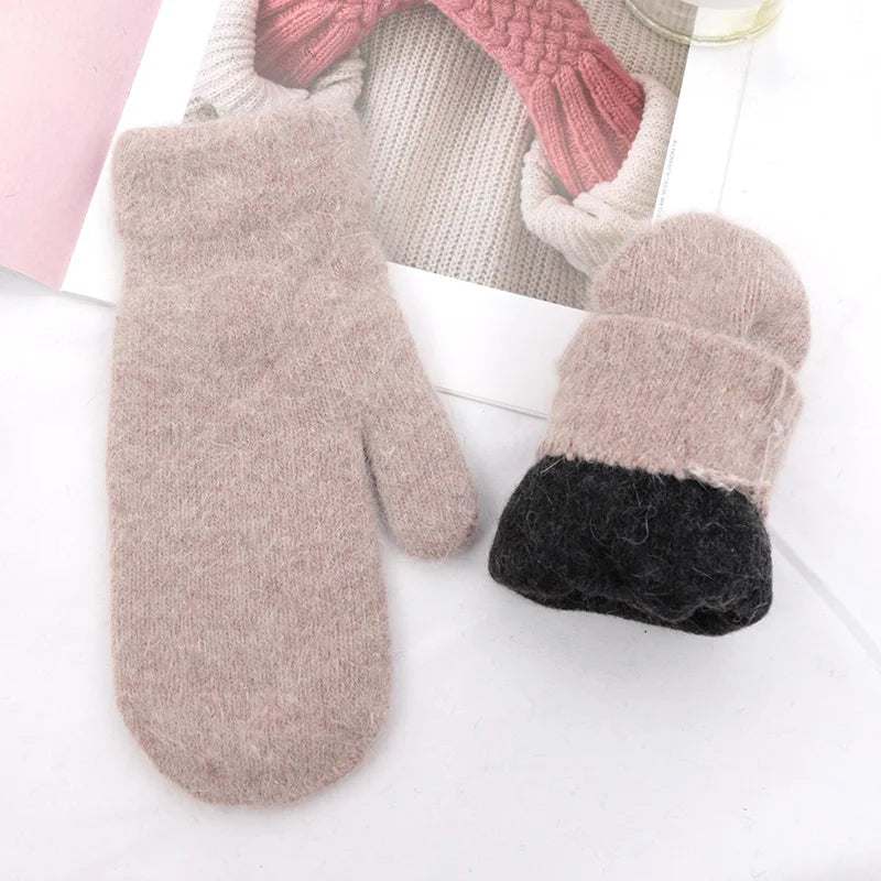 Lunivop Women Winter Keep Warm Plus Cashmere Solid Color Woolen Elasticity Soft Full Fingers Mittens Girls Black Fur Knitted Cute Gloves