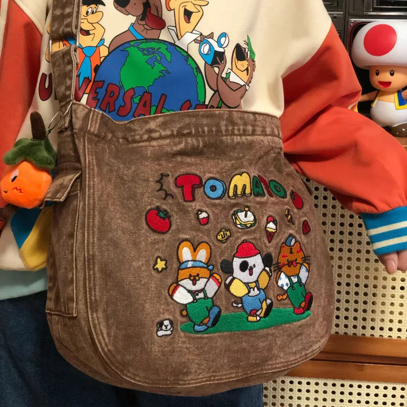 Lunivop Vintage Cartoon Denim Tote Bags for Women Luxury Designer Kawaii Embroidery Shoulder Bag Large Capacity Messenger Bag New