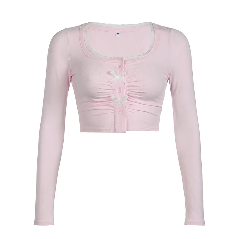 Lunivop  Cute Bow Stitching Pink Top Lace Patchwork Square Collar Long Sleeve T-shirts Chic Folds Skinny Basic Tee Women 2024 Fall