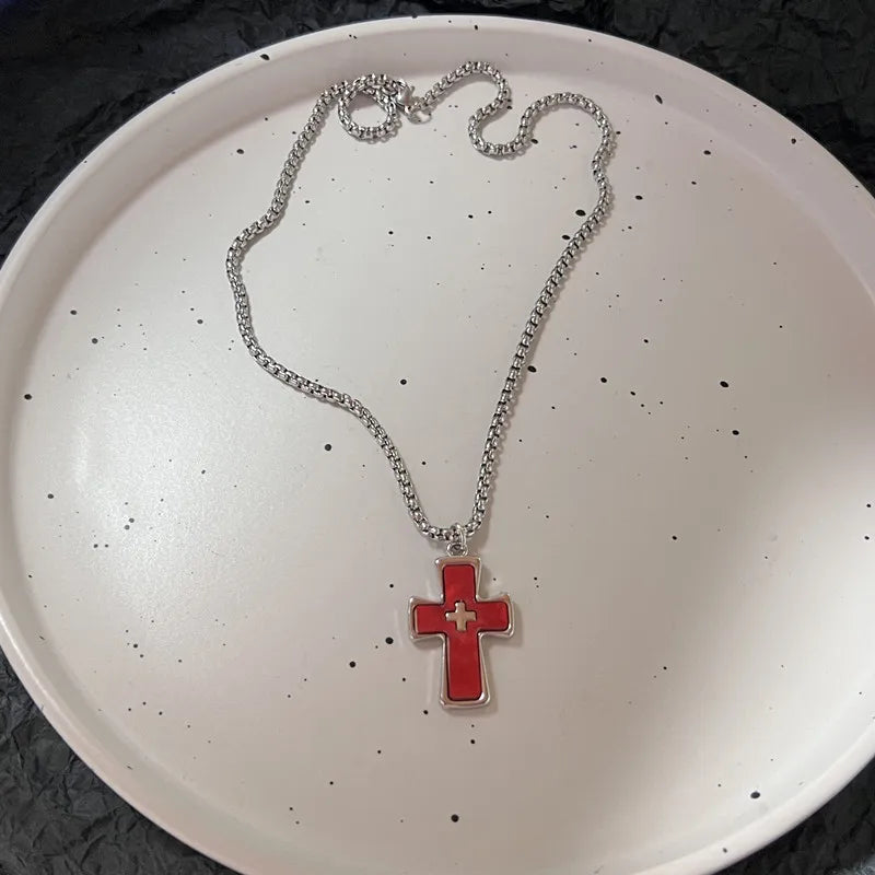 Lunivop Gothic Religious Cross Red Heart Pendant Necklace Set for Women Grunge Hip Hop Necklace Jewelry Gifts