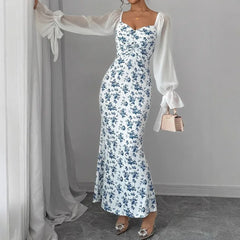 Lunivop  Women's Long-sleeved V-neck Dress Chiffon Patchwork Knitted Printed Hip-hugging Long Skirt
