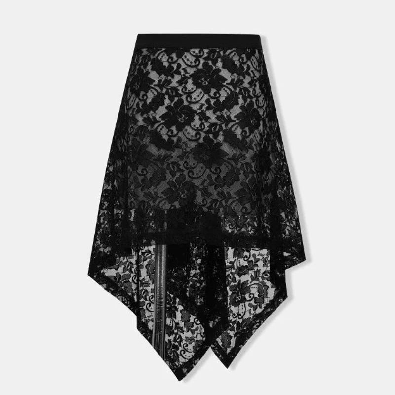 Lunivop Sexy Lace Black Skirts for Women See Through Vintage Boho Short Skirts Tulle Elegant Irregular Y2k Skirt Aesthetics