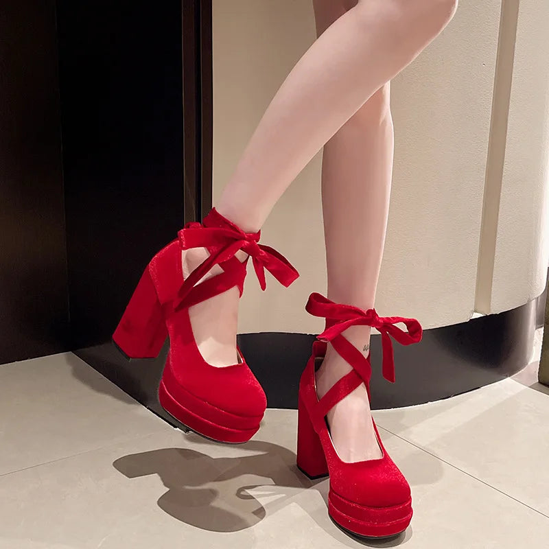 Lunivop Platform Mary Janes Shoes Women Suede Luxury High Heel Lace Up Trend Lolita Shoes Elegant Chunky Party Pumps Zapatos De Mujer