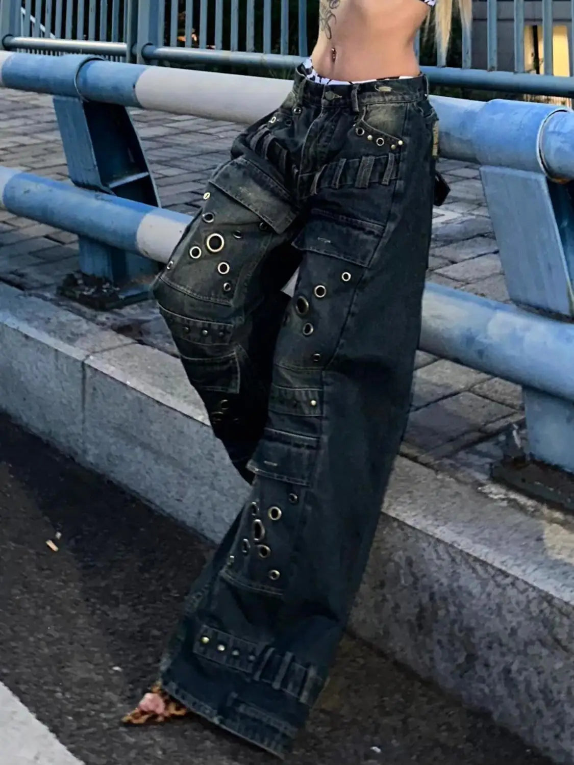 Lunivop Washed Distressed Rivet Jeans for Women Street Fashion Straight Jeans Harajuku Style Hip Hop High Street Y2k Trousers streetwear