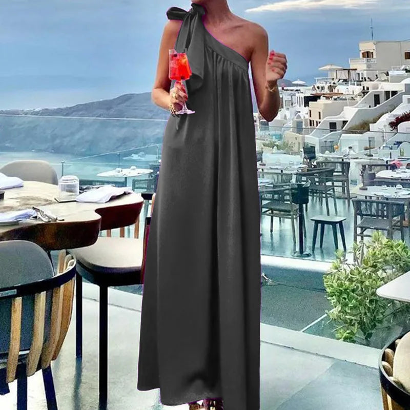 Lunivop  Fashion High Waist Loose Party Dress Women Elegant One Shoulder Draped Sleeveless Asymmetric Solid Maxi Long Sundress