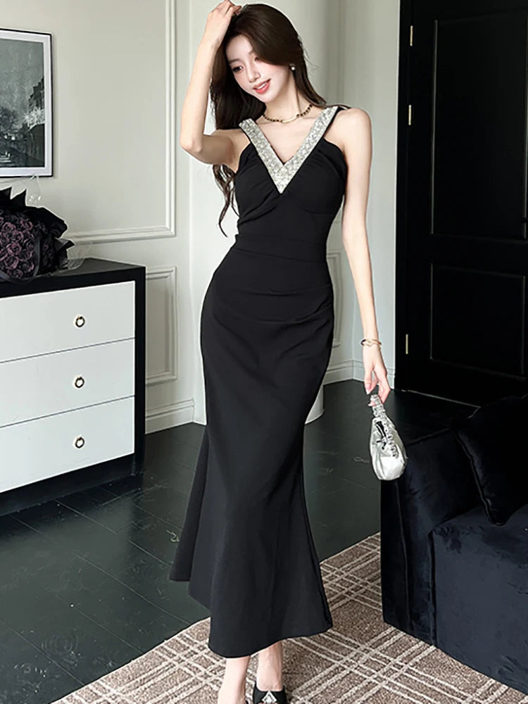 Lunivop  Women Korean Vintage Hepburn Luxury Mermaid Dress Summer Black Patchwork White Diamonds Sling Dress 2025 Elegant Bodycon Dresses