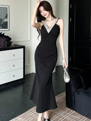 Lunivop  Women Korean Vintage Hepburn Luxury Mermaid Dress Summer Black Patchwork White Diamonds Sling Dress 2025 Elegant Bodycon Dresses