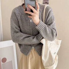 Lunivop Zip Up Sweater Cardigan for Women Solid Long Sleeve Crew Neck Zipper Front Knitted Jacket Teen-girl Fall Winter Casual Outfit