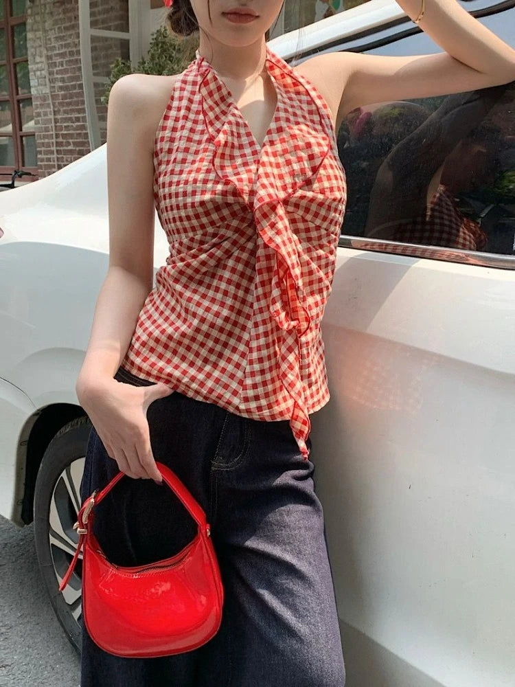 Lunivop  Camis Women Plaid Sleeveless Halter Ruffles Bandage Backless Slim Vintage Sweet Casual Sexy Tank Tops Female Summer