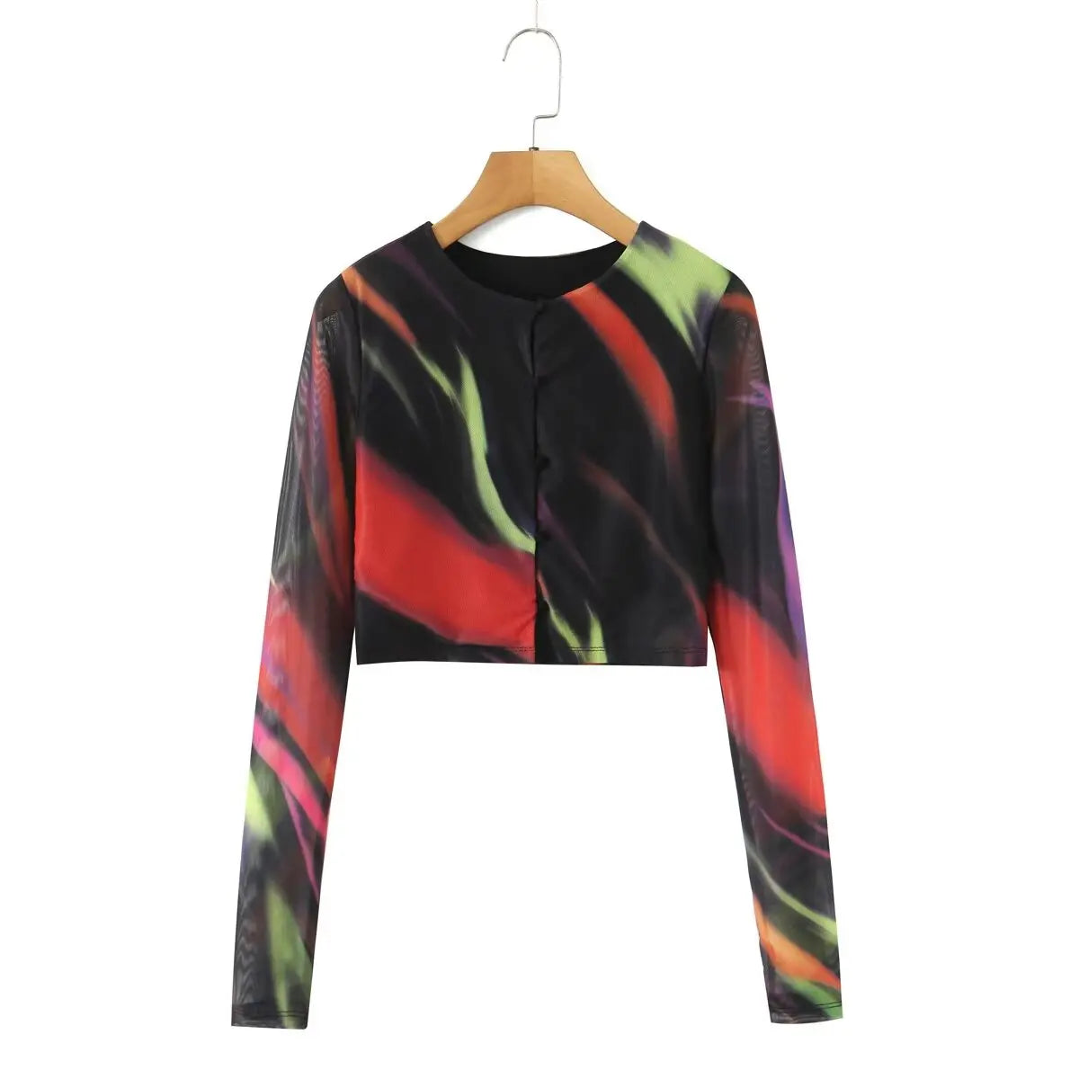 Lunivop  Y2K Gradient Colored Stretch Mesh T Shirt Women O neck Through Open Buttons Skinny Slim T-shirt Tee Tank Tops