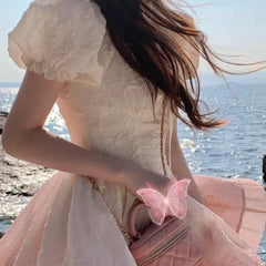 Lunivop  New Sweet Fresh Lolita Summer Patchwork Square Collar Bow Gradient Pink Folds Fashion Casual Elegant Puff Sleeve Dresses the dress black dress white dress