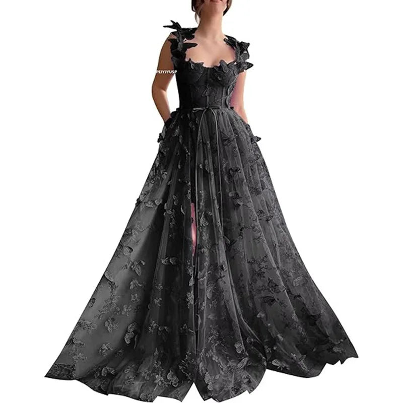 Lunivop  Elegant Butterfly Decal Evening Dress Lace Beach Wedding Dresses for Women Straps Party Dresses Outdoor Shooting Formal Dress
