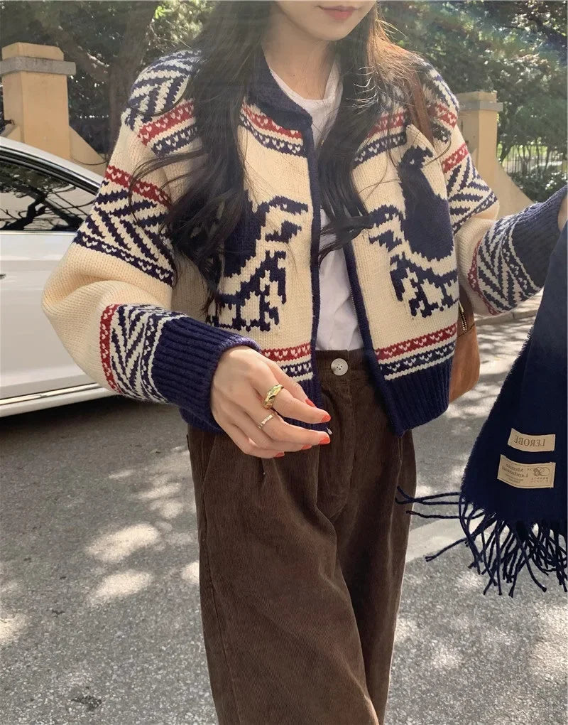 Lunivop Knitted Zip Up Cardigan Women Vintage Fair Isle Zipper Front Cropped Sweater Jacket Knitwear Autumn Winter Outfit