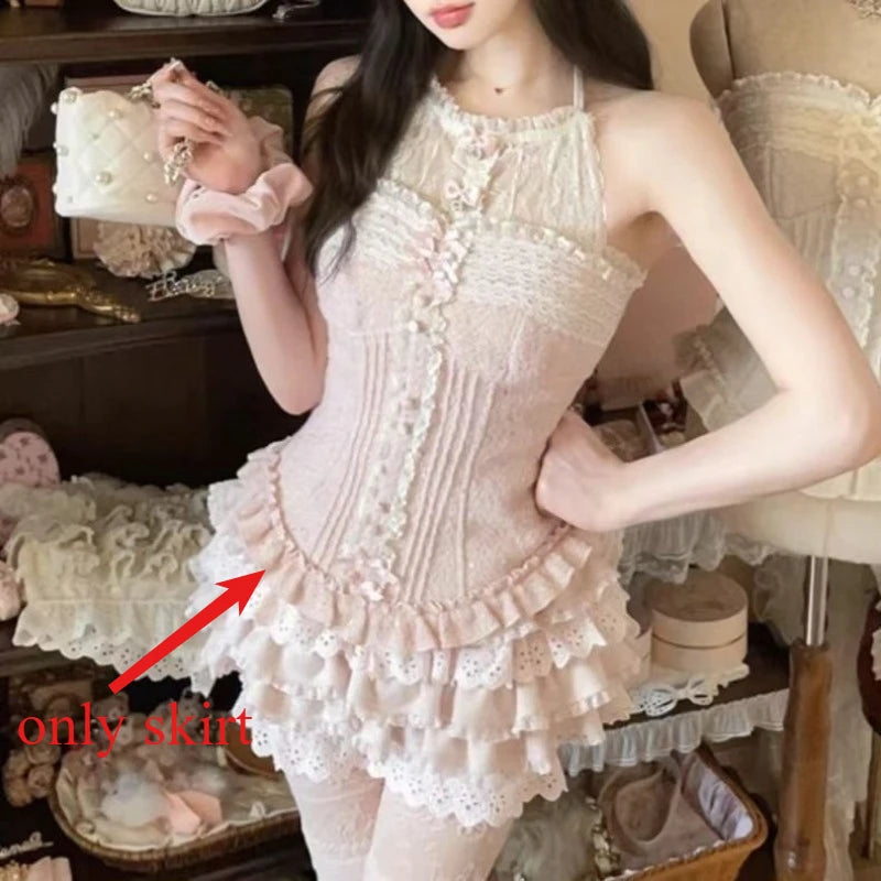 Lunivop  Mesh Patchwork Bow Slim Fit Sleeveless Vest Top for Women+ Fashion Sweet Ruched Cake Skirts 2025 Summer New Two Piece Sets