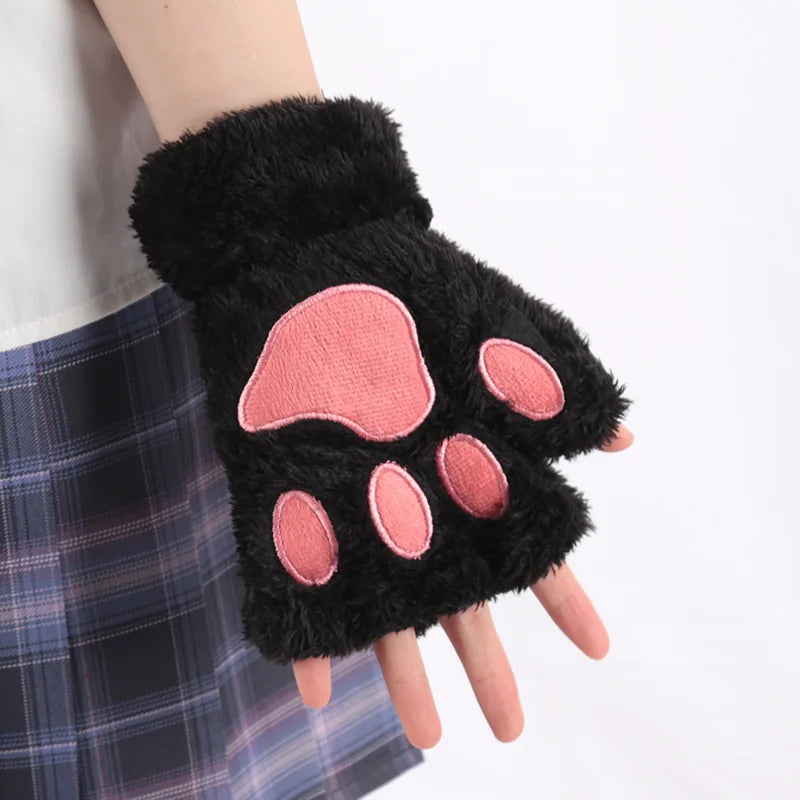 Lunivop Women Cartoon Cat Claw Gloves Thickened Plush Lovely Style Bear Paw Exposed Fingers Half Winter Mittens Warm Girls Gift Gloves