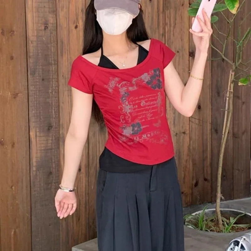 Lunivop  Y2k Street Vintage Fake Two Piece Halter T-shirt Sexy Short Sleeve Slim Fit Tee Shirt 2025 Summer New Top for Women