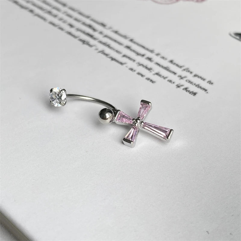 Lunivop 1PCS Pink Zircon Cross 316L Stainless Steel Annular Ear Bone Nail New Fashion U-shaped Earrings for Women Y2K Punk Jewelry