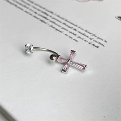 Lunivop 1PCS Pink Zircon Cross 316L Stainless Steel Annular Ear Bone Nail New Fashion U-shaped Earrings for Women Y2K Punk Jewelry