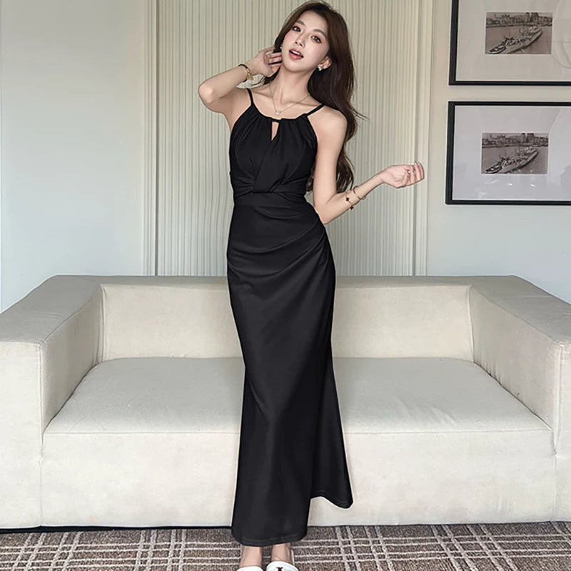 Lunivop  New Pink Pleated Bodycon Sling Sexy Long Dress Women Korean Vintage Luxury Dress Summer Elegant Festival Party Night Dress