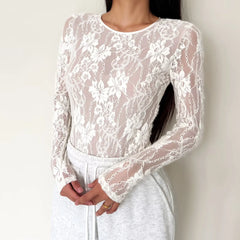 Lunivop  Black Autumn Sexy Hollow Out Lace With Lining O neck Long Sleeve Bodysuit Woman Tight Short Jumpsuit Slim fit Rompers Playsuits