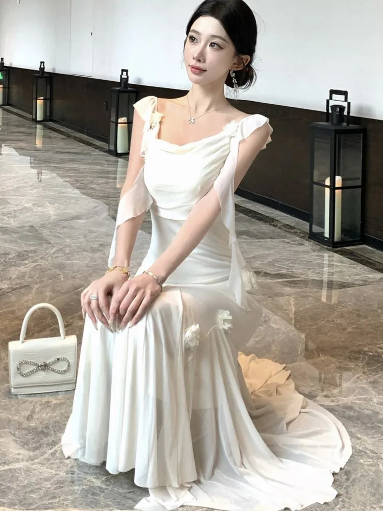 Lunivop Fashion Slim Wasit Bodycon Evening Women Dresses New Flying Sleeve Korean  Sexy Elegant Mesh Solid Flowers Mermaid Dress