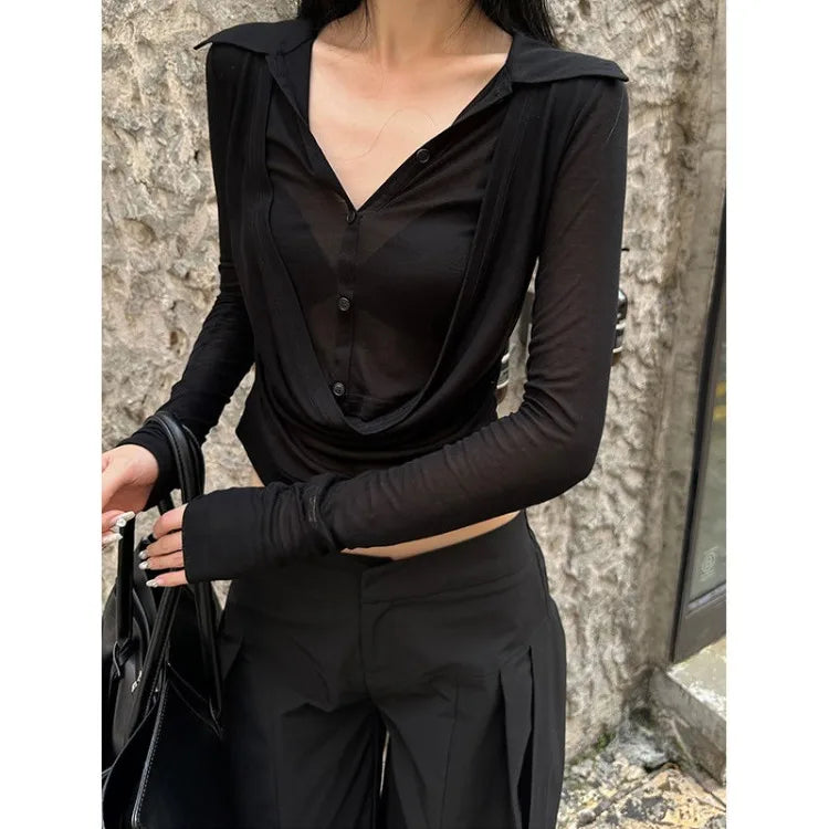 Lunivop  Y2k Fake Two Piece V-neck All-match Shirts Women See Through Mesh Black Blusas Mujer 2025 Spring New Bottoming T-shirts