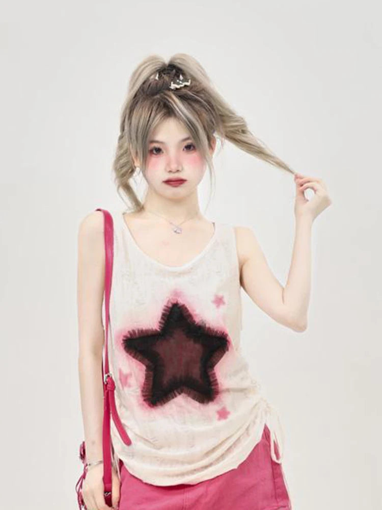 Lunivop  Hole Retro Y2K Tanks Women Streetwear Loose Star Print Harajuku Tanks American Hip Hop V Neck Shirring Gothic Tops Summer