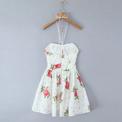 Lunivop  Sexy White Floral Print Lacing Up Bow Halter Sling Dress Women Fold Ruched Slim Waist Backless Swing Short Dresses Robe