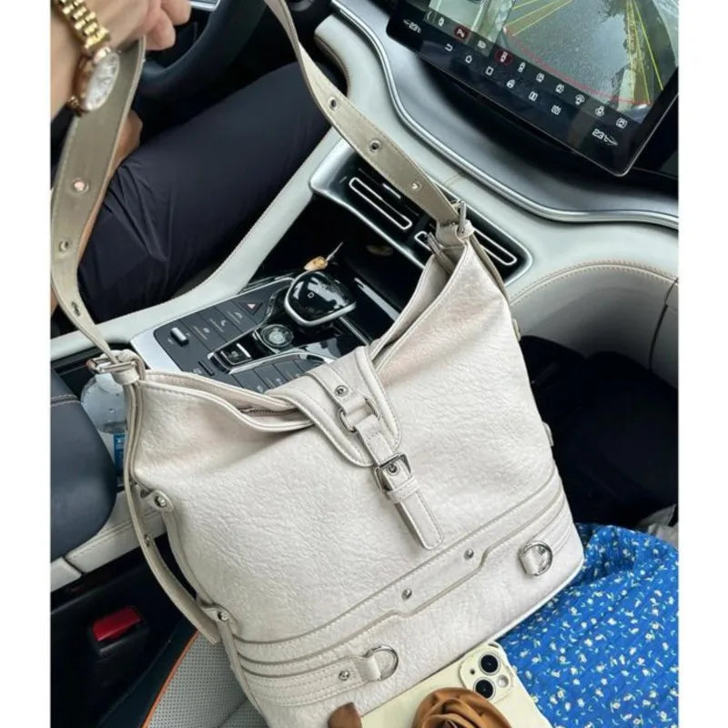 Lunivop Harajuku White Bucket Bag Purse Women Hot Girls Leather Soft Casual Crossbody Bags Ladies Vintage Shoulder Messenger Bag