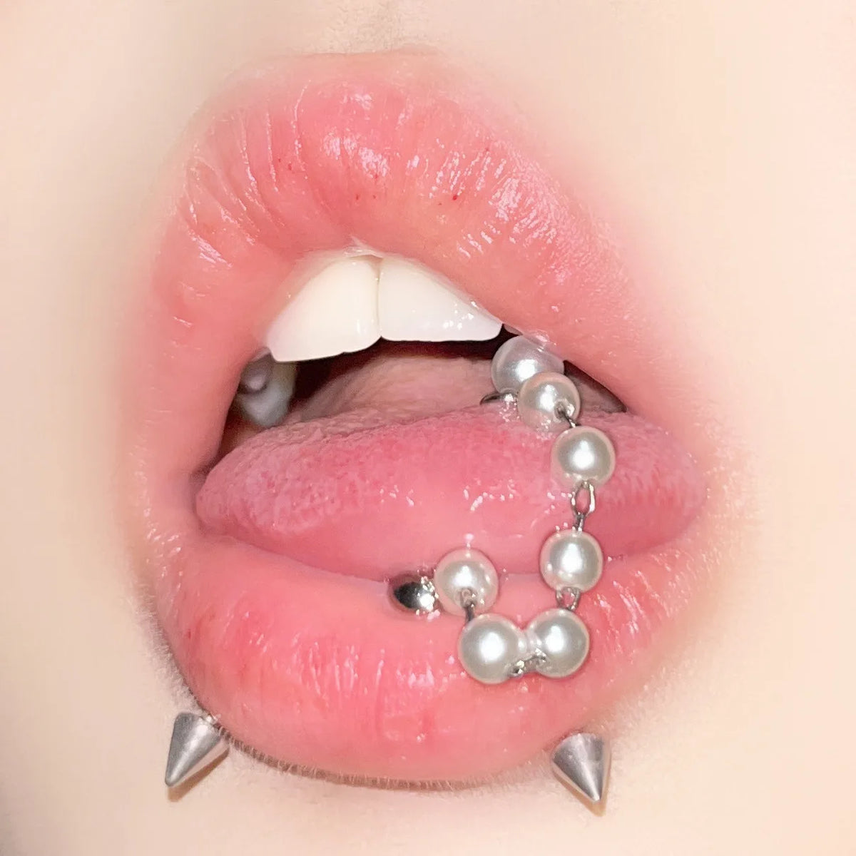 Lunivop Fashion Acrylic Pearl Tongue Piercings With Chain Girl Cute Small and Popular Tongue Rings Nipple Studs Jewelry