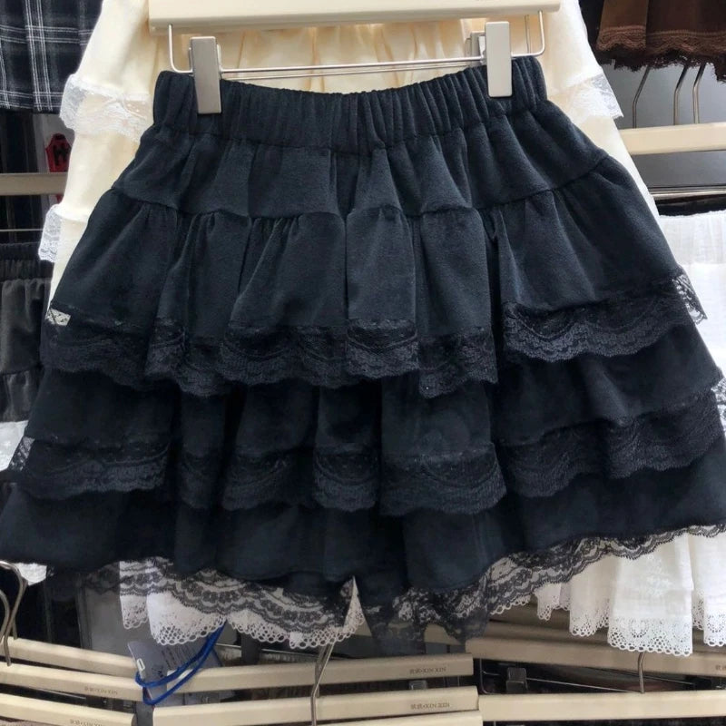 Lunivop Autumn Winter Sweet Solid Elastic Waist Skirt Women Elegant Chic Lace  High Waist Short Skirt Female Design Cute Cake Skirt New