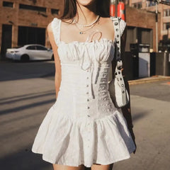 Lunivop  Sexy White Emboridery Flower Bow Ruched Chest Elastic Strap Mini Tank Dress Low Waist Spliced Folded Swing Women Sleeveless Robe