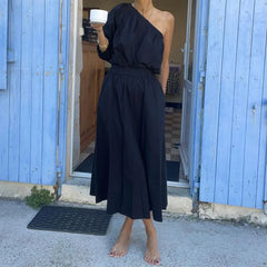 Lunivop   Female High Street 2pc Elegant Slash Neck One Shoulder Long Sleeve Tops+Draped Skirts Sets Solid Color Commute Outfits