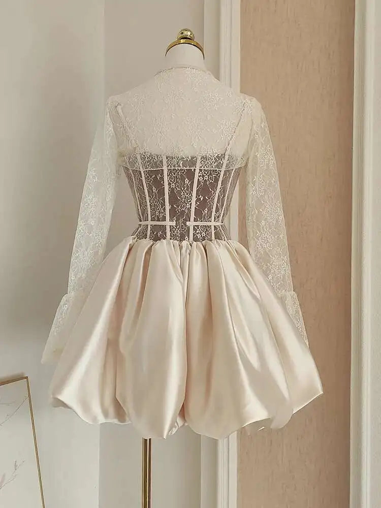 Lunivop  French Style Lace-up Mesh Splicing Women Dress Block Color Lace Long Sleeve Dresses With Shorts 2025 Spring New