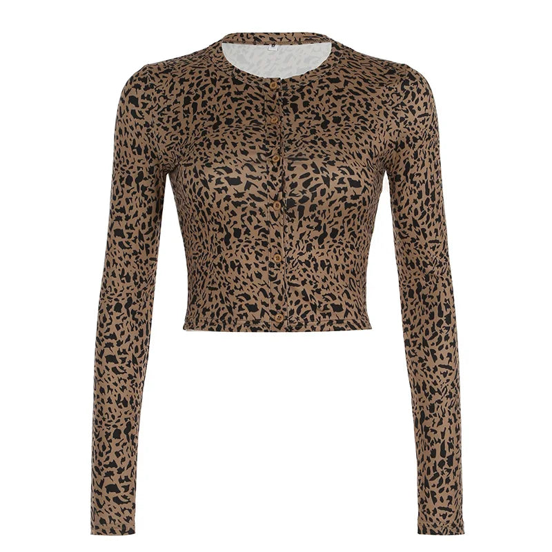 Lunivop Autumn Knitted Leopard Slim Casual 2 Piece Set Women Single Breasted Long Sleeve Crop Top Low Waist Skinny Pants Streetwear