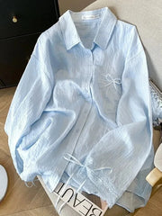 Lunivop  Blue Sweet Sun Proof Shirt Women Lace Patchwork Bow Korean Blouse Loose Fashion Long Sleeve Elegant Female Casual Cute Tops