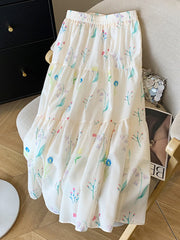 Lunivop  Floral Elegant Long Skirts Women Vintage Loose Sweet High Waist A Line Skirt Korean Retro Summer High Quality Long Skirt