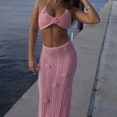 Lunivop  New Style Tie Up Top Slim Skirt Suit Knit Beachwear Cover Up With Flower Decoration Sexy Hollow Out Pool Party Bikini Cover-Up