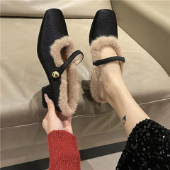 Lunivop Elegant Metal Buckle Mary Janes Woman Half Slippers New Mid Heel Dress Shoes Ladies Winter Warm Plush Belt Pumps Zapatos