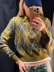 Lunivop  Vintage Casual Chic Women Sweater Argyle Long Sleeve Knitted Pullover Top Fashion Autumn Winter Short Sweater