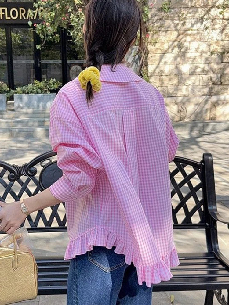 Lunivop Vintage Black Plaid Shirt Women Loose Sweet Preppy Style Long Sleeve Blouse Fall Casual Retro Cute All Match Female Tops New