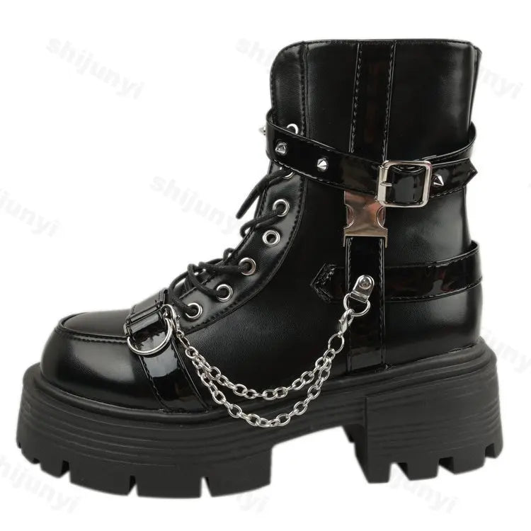 Lunivop Platform Thick Gothic Boots Lady Buckle Autumn Shoes Women Wedges Ankle Boots Punk Street Cosplay Botas Motorcycle Chain Booties