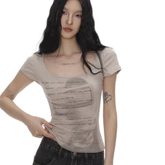 Lunivop Summer Women Retro Sweet Spicy Skinny Tops Lady Bean Green Casual T-Shirts Girls Letter Portrait Print Short Sleeve Clothes