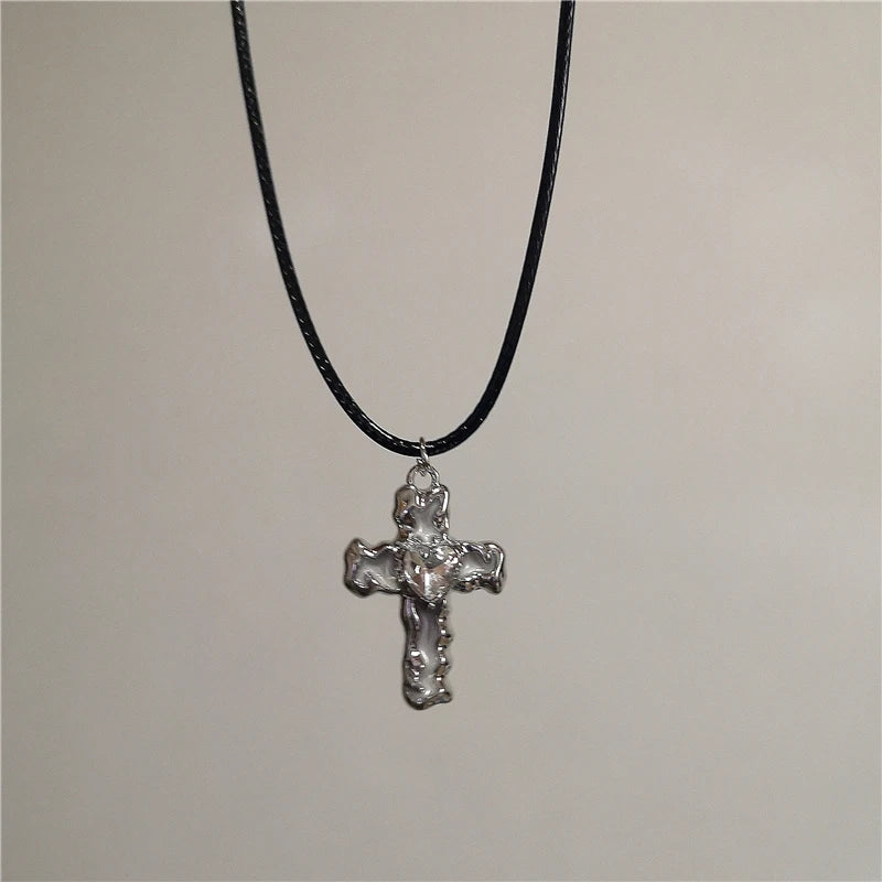 Lunivop New Simple Cross Pendent Necklace Black Leather Rope Fashion Antique Silver Color Alloy Punk Jewelry For Women Men Gift