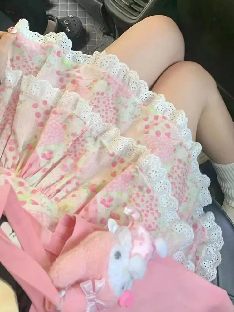 Lunivop Retro Floral Cute Skirts Women High Waist Sweet Japan Mini Skirt Casual Lace Patchwork Vintage Female Elegant Kawaii Skirt